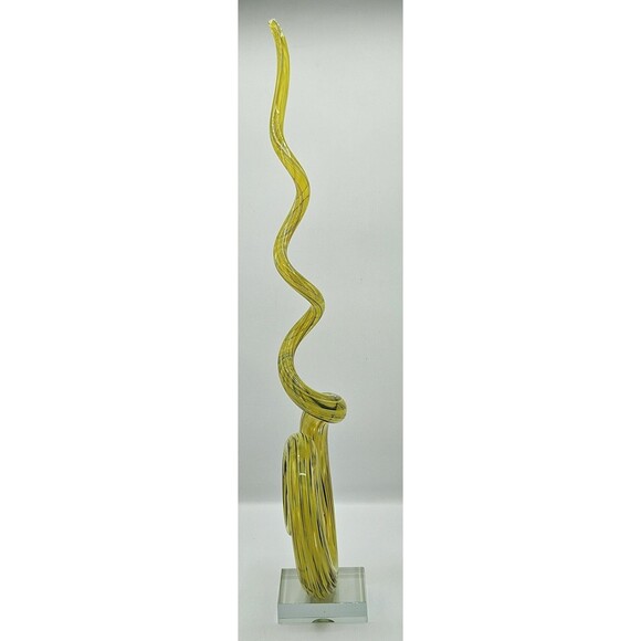 Murano Style Art 21" Glass Spiral Sculpture in Yellow Swirl Pattern With Base - Picture 5 of 11